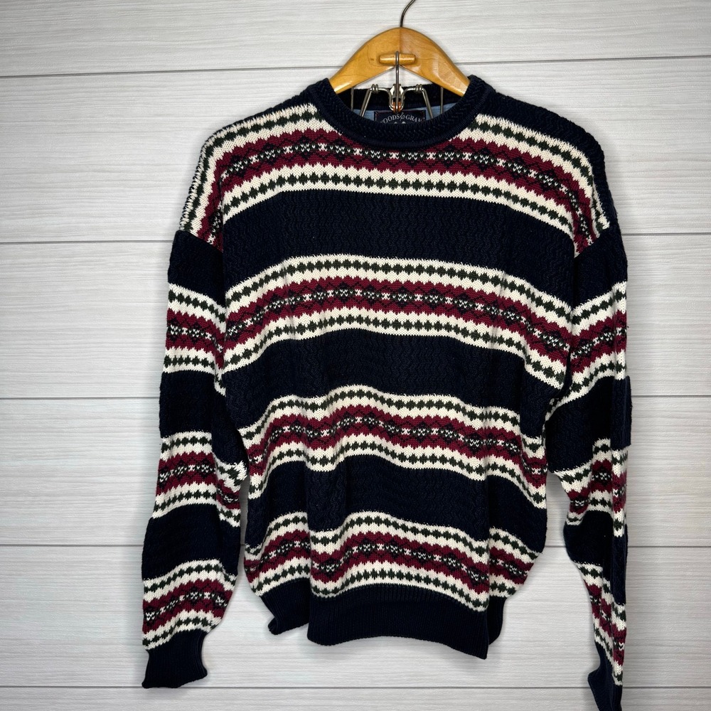 Vintage Fair Isle Striped Cotton Knit Sweater Nordic Dark Academia Mens L Retro